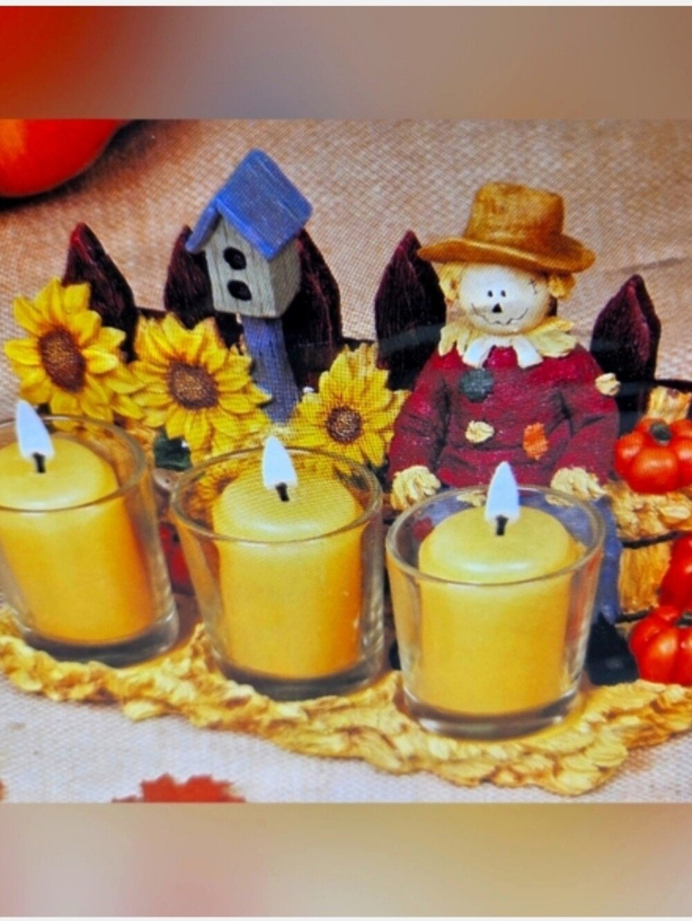 Simon Scarecrow Votive Candle Holder w/Sunflowers~ Bird House&Pumpkins BNIB